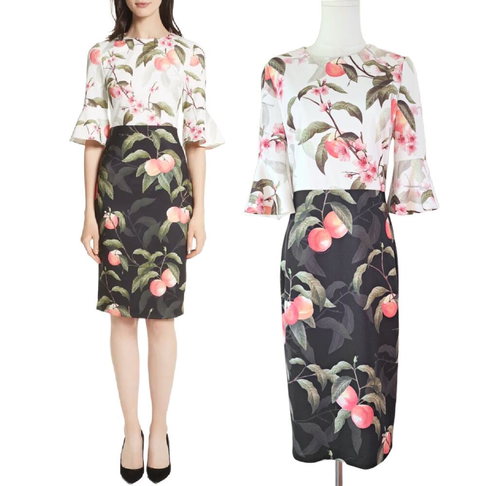 TED BAKER Areea Peach Blossom Sheath Dress Size 6 Black White Floral Pencil